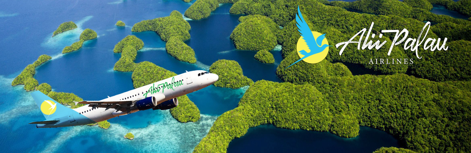 Infographic to Alii Palau Airlines showing an airplane over the Rock Islands of Palau and the logo of Alii Palau Airlines
