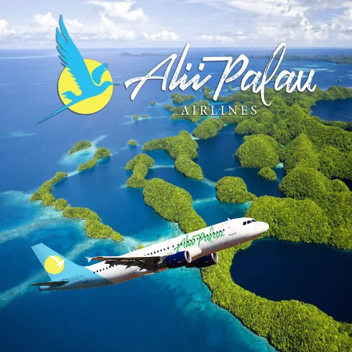 Infographic of Alii Palau Airlines, an airplane over the world famous Rock islands of Palau with company logo