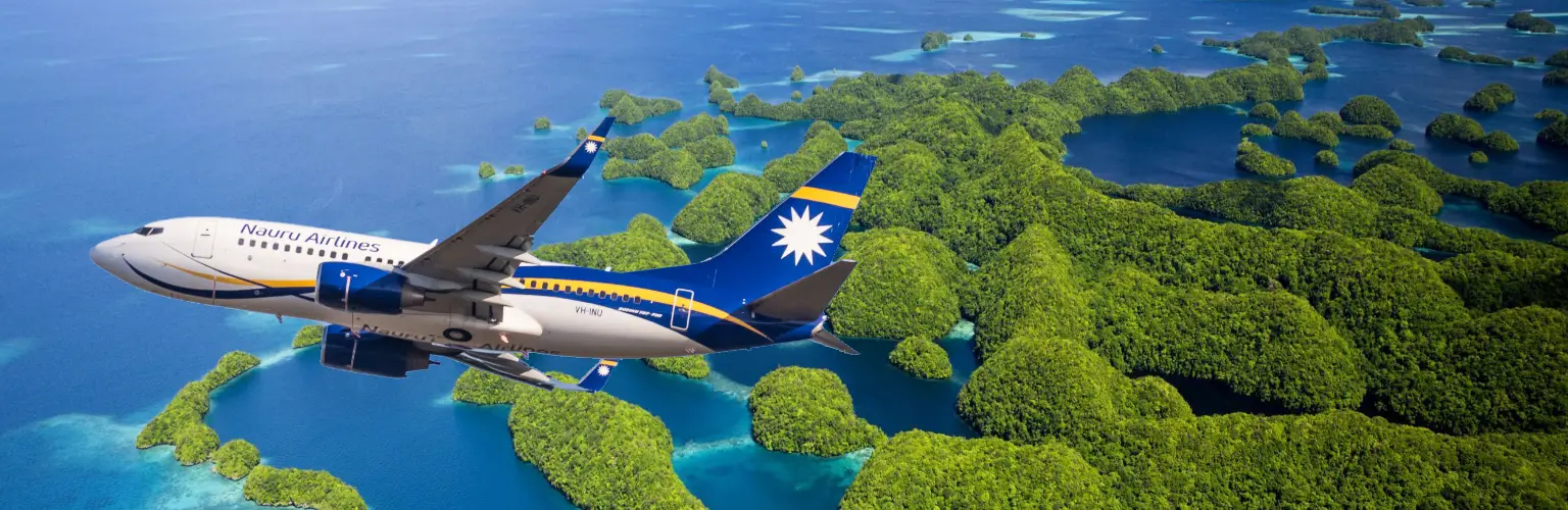 Infographic of an airplane from Nauru Airlines over the Rock Islands of Palau