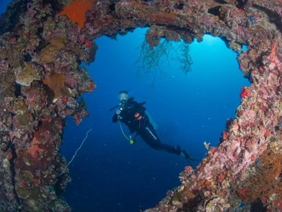 Underwater photo of a scuba diver at the Iro wreck in Palau.