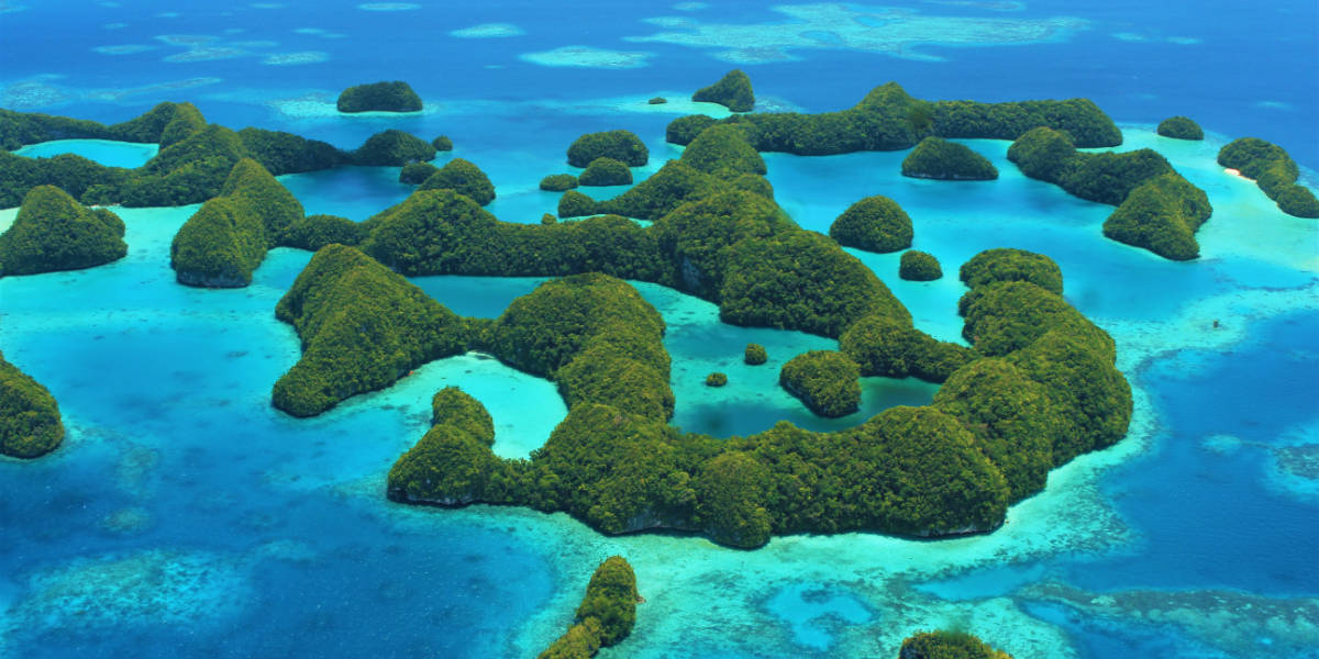 Aerial photo of the world famous Rock Islands in Palau, Micronesia