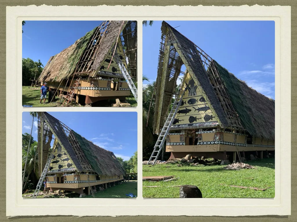 collage of 3 photos of showing the step by step renovation of the Bai Rekeai in Palau