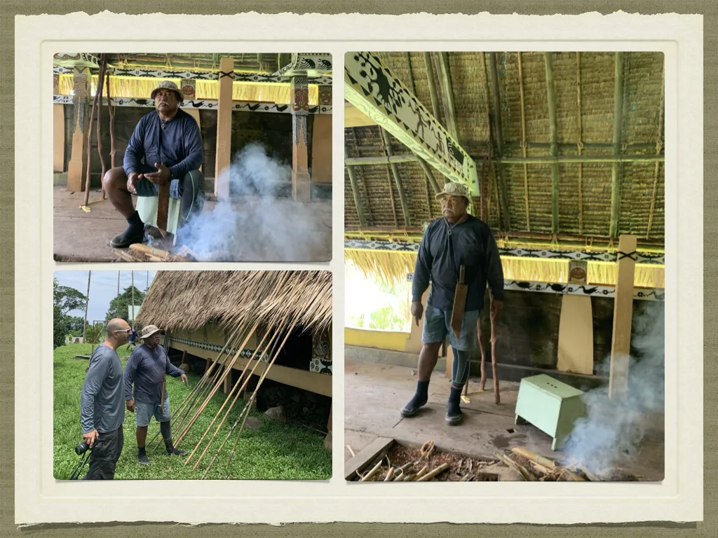 collage of 3 photos of showing the step by step renovation of the Bai Rekeai in Palau