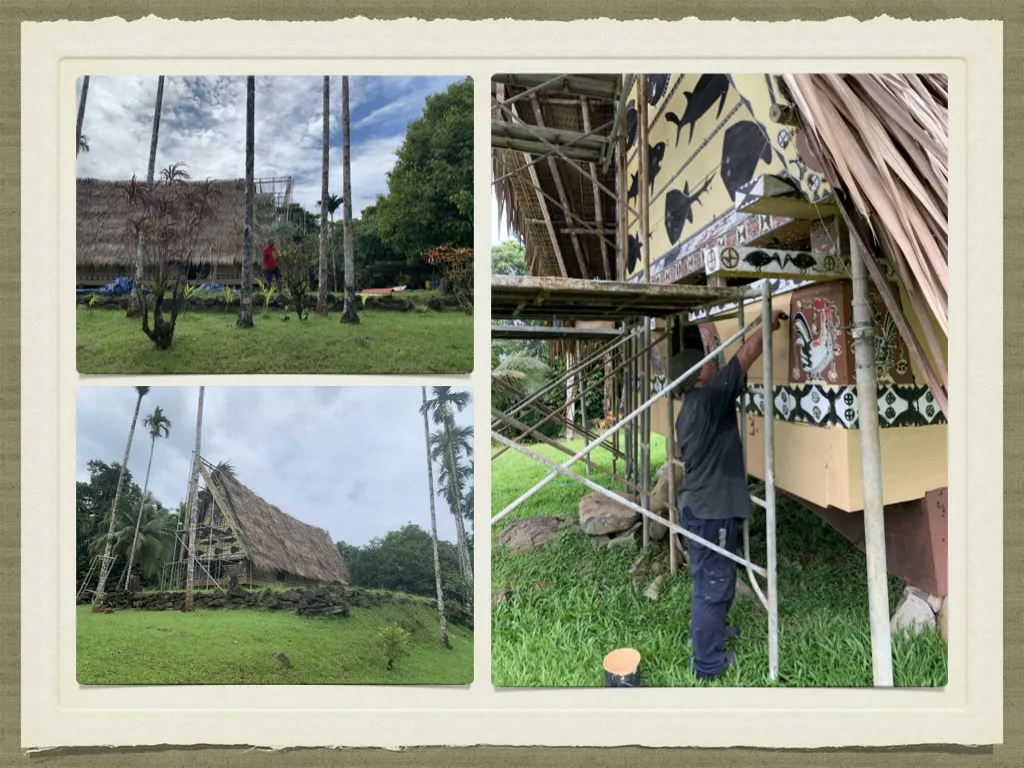 collage of 3 photos of showing the step by step renovation of the Bai Rekeai in Palau