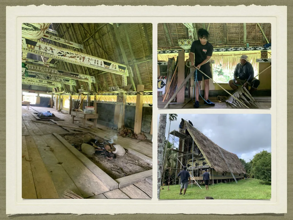 collage of 3 photos of showing the step by step renovation of the Bai Rekeai in Palau