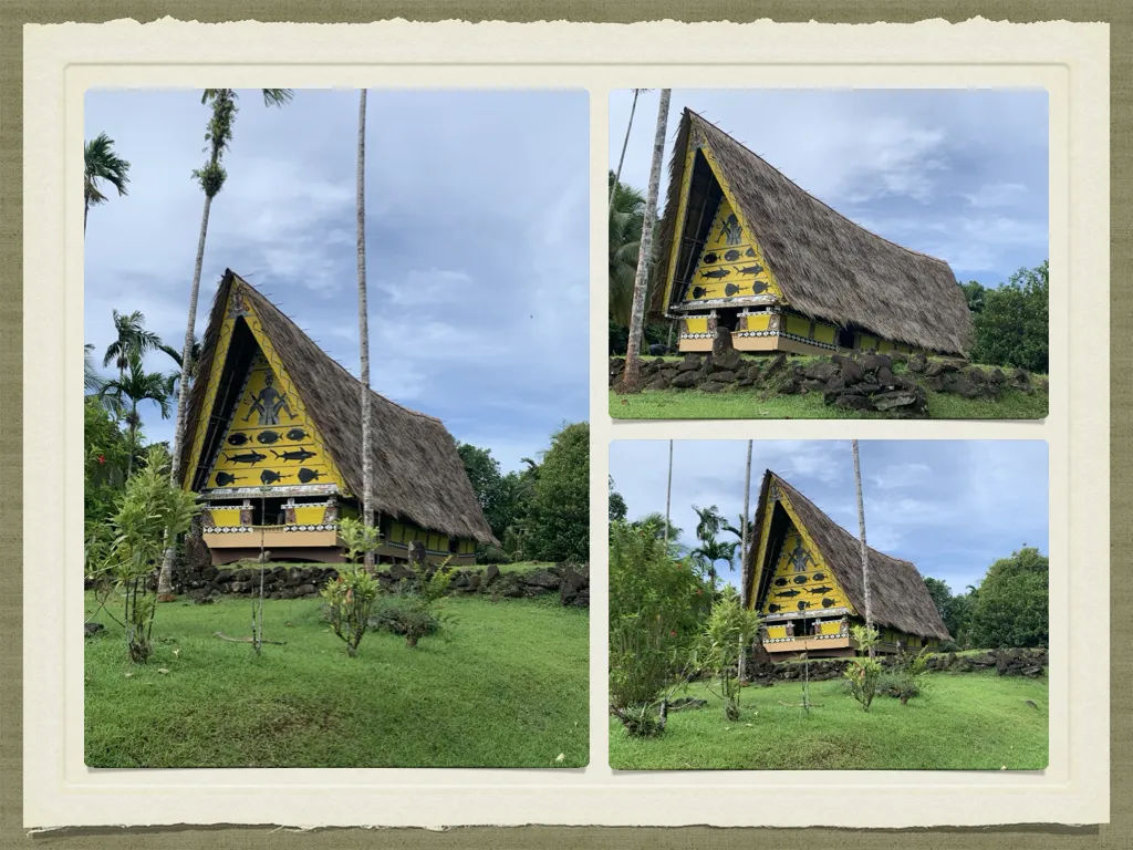 collage of 3 photos of showing the step by step renovation of the Bai Rekeai in Palau