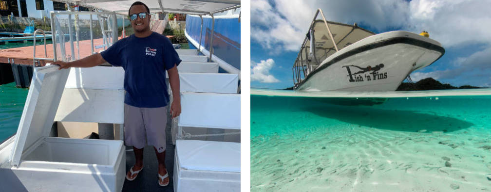 2 photos next to each other filling the writing space, one with a Fish 'n Fins dive guide opening a dry box on one of their boats, the second a Fish 'n Fins Boat in ocean