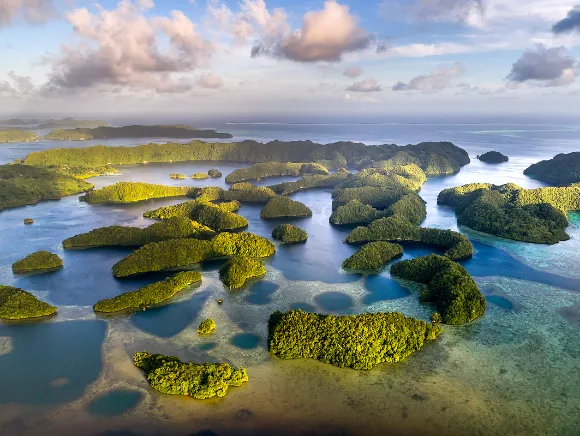 Aerial photo of the famous Rock islands in Palau at sunset