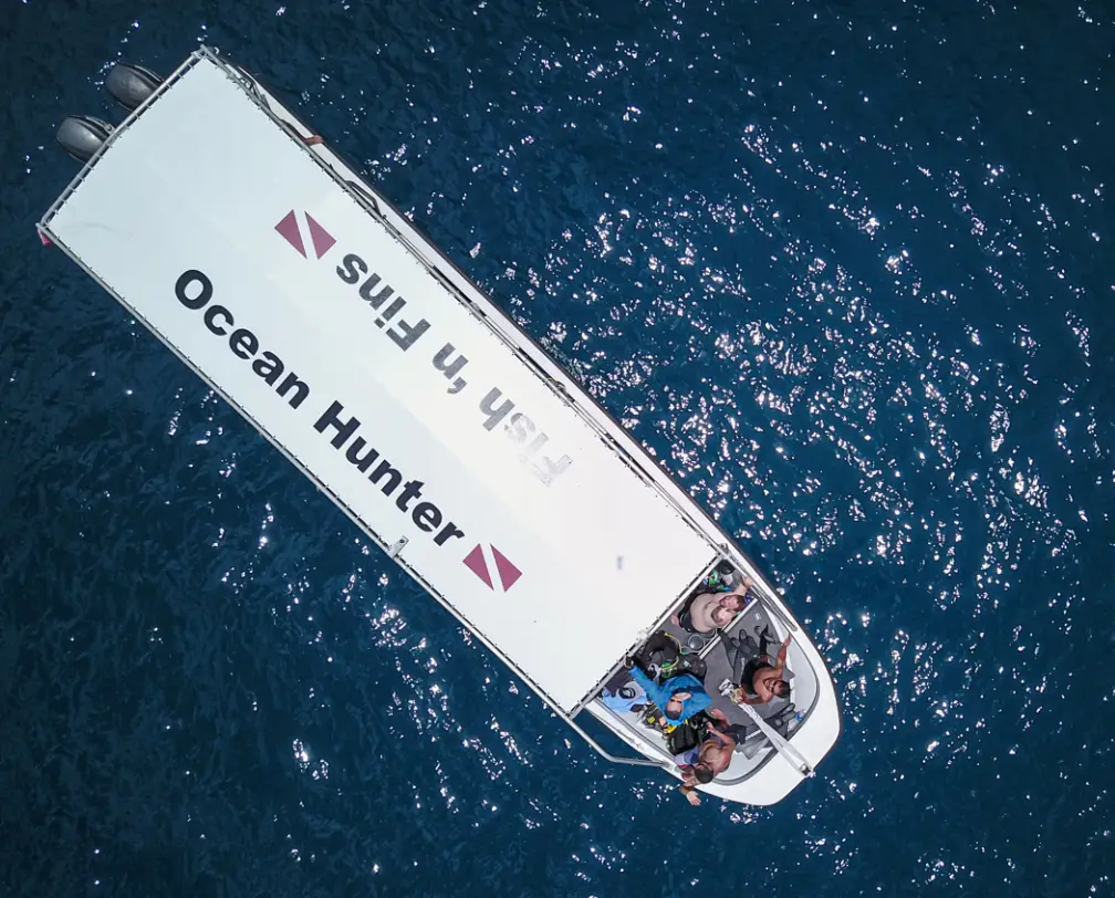 aerial photo of a Fish 'n Fins boat in blue water