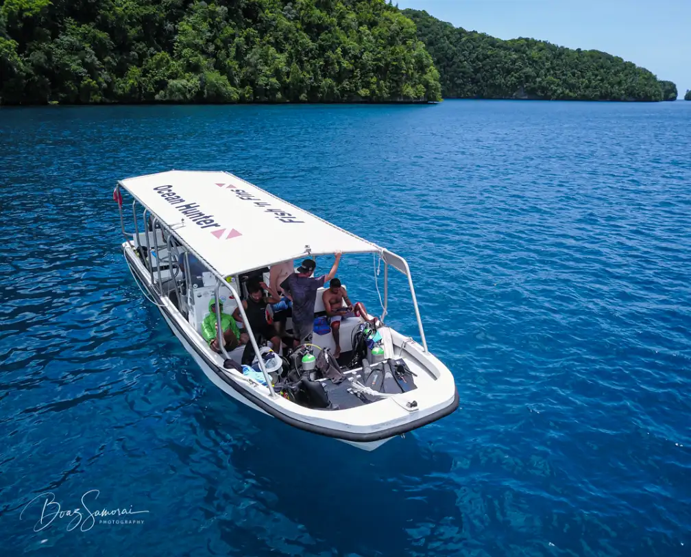 scuba divers in a Fish 'n Fins boat in front of Palau's Rock islands