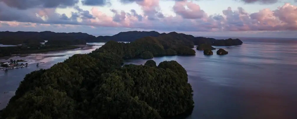 aerial photos of Palau's Rock Islands at dusk