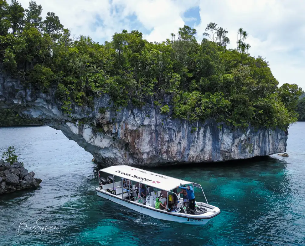 aerial photo of a Fish 'n Fins dive boat close to "The Arch" a natural arch in Palau's Rock Islands