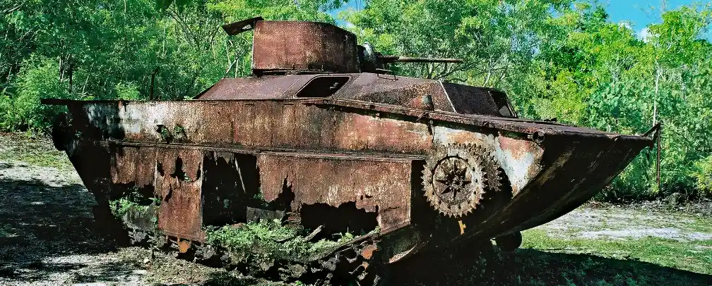 Side view of the relics of a tank from WW II in Peleliu Palau