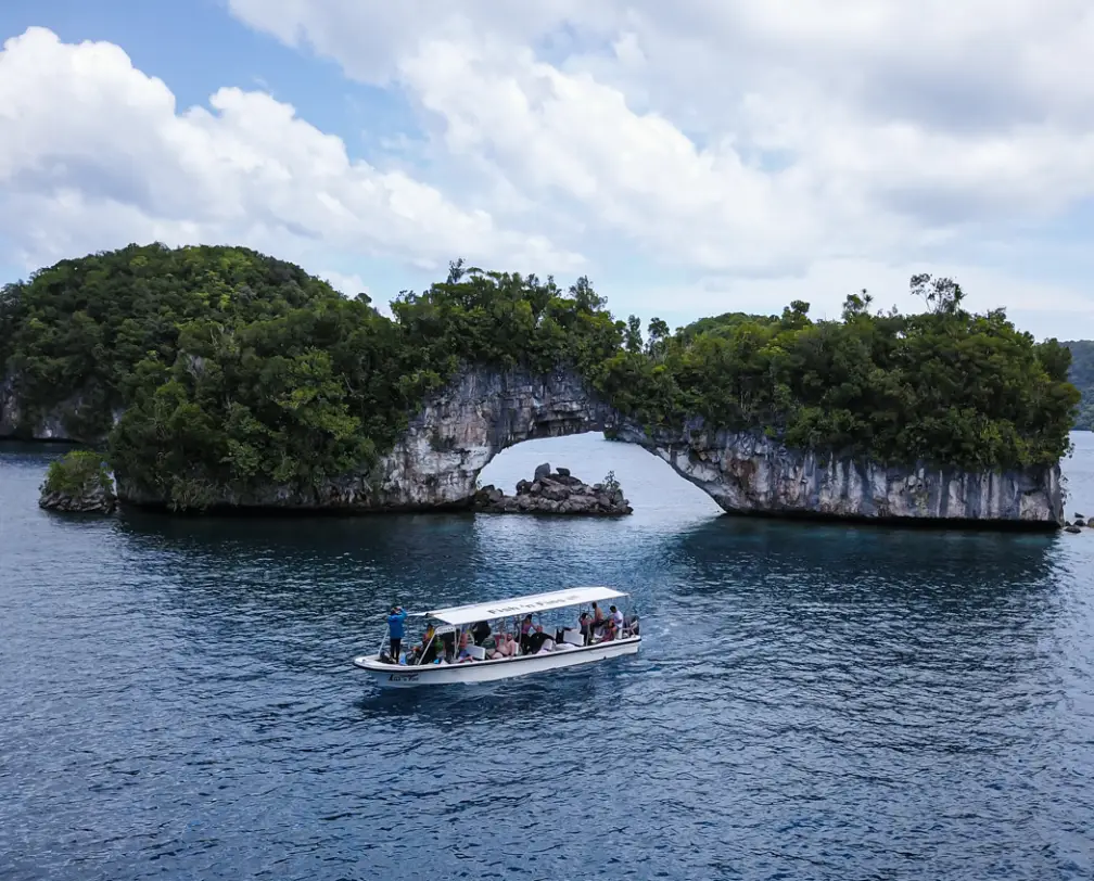 aerial photo of a Fish 'n Fins boat in front of the arch, a natural wonder, in Palau