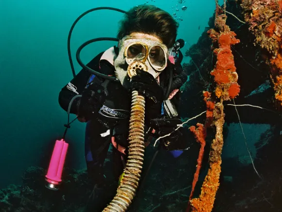 underwater photo of a diver with a gas mask from world war 2 from a wreck in Palau