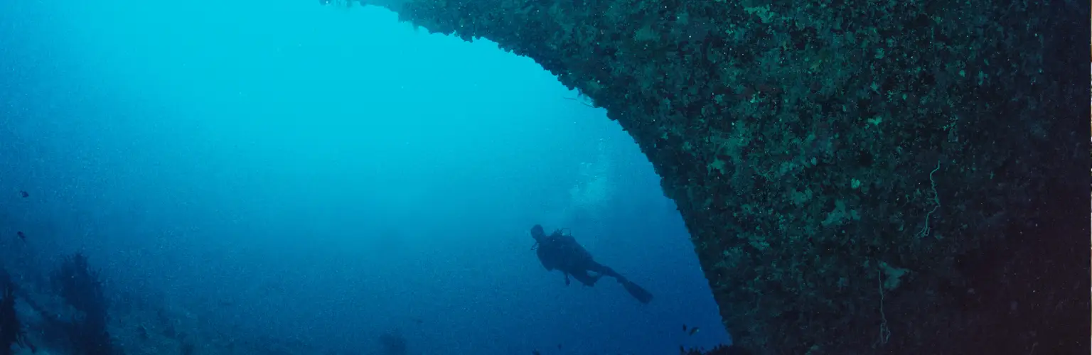 underwater photo of a diver appearing behind the contour of a ship wreck in Palau