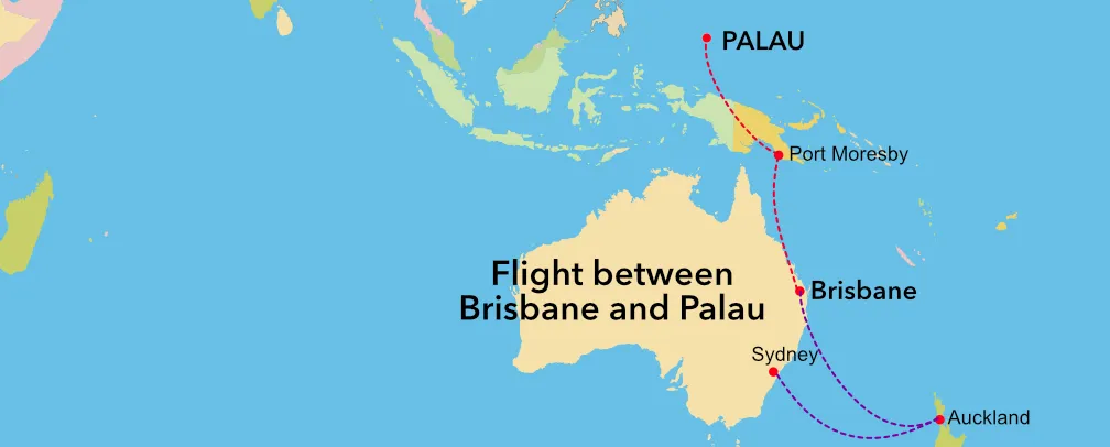 Infographic of the flight route between Brisbane and Palau with Air Niugini