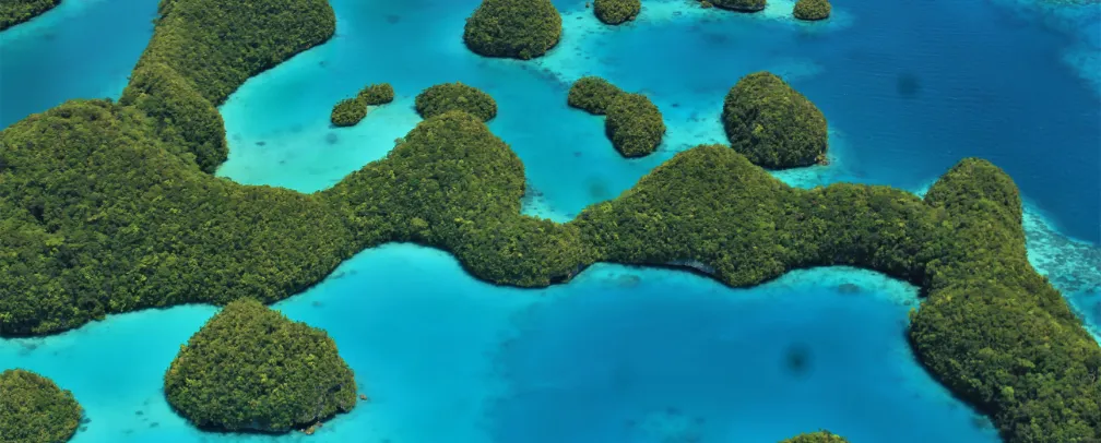 aerial photo of the Rock Islands of palau