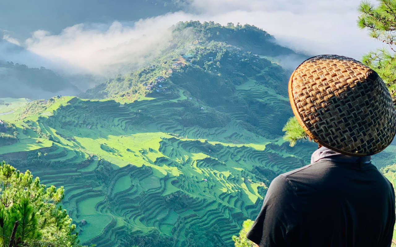 A person in the right corner of the photo looking over the rice terraces in Banaue in the northern Philippines
