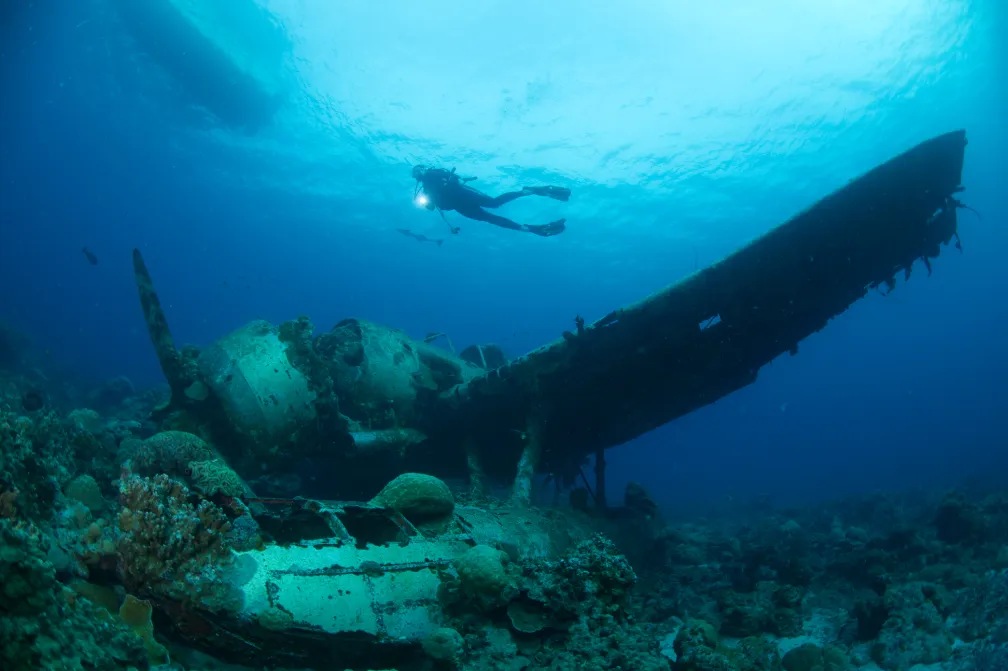 underwater photo of a scuba diver at the Jake Seaplane in Palau